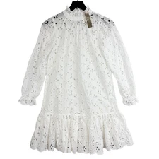 NWT J.Crew Ruffle Neck Embroidered Eyelet Mini Dress A-Line White NO SLIP - 2XS