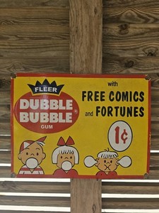GIANT VINTAGE FLEER DUBBLE BUBBLE GUM ONE CENT PORCELAIN SIGN 24 X 18