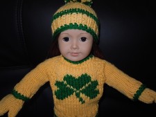 Hand Knitted American Made St. Patrick Shamrock Gold Sweater fits 18" Girl Doll