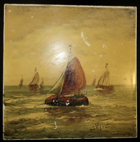 genuine antique J Wynstra 1880 PAINTING on TILE Germany Fishing Boat Handpainted - Picture 9 of 12