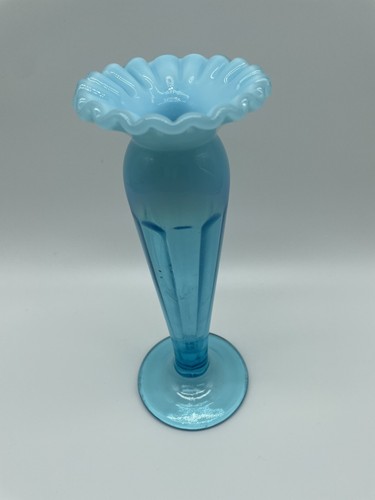 Antique 1900s Model Flint Northwood Dugal Blue Opalescent Lorna Pattern Bud Vase - Picture 2 of 10
