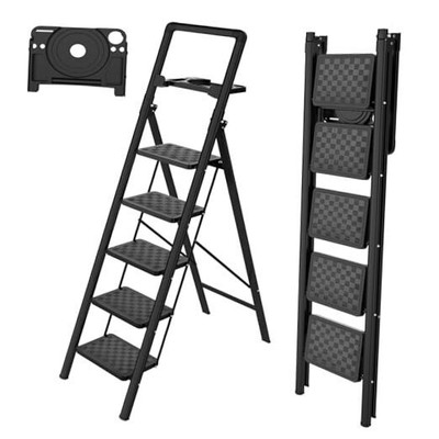  Step Ladder, 5 Step Ladder Folding Step Stool with Tool Platform, 5-Step Black