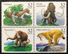 Scott #3077 1996 - 3080, 32¢, animales prehistóricos - como nuevo casi nuevo - bloque de 4