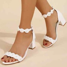 Women's Block Heel Sandals Faux Pearls Flowers Ankle Strap Pumps Wedding Shoes