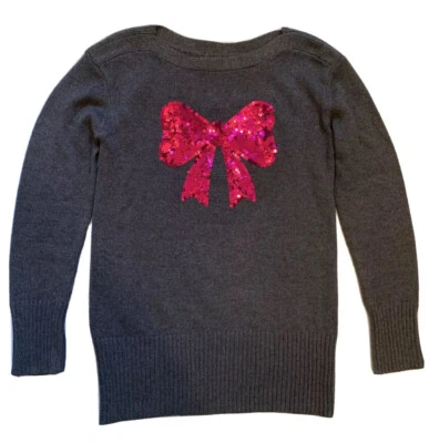 GapKids Girls Fuscia Magenta Pink Sequin Bow Gray Holiday Sweater Sz XL 12 EEUC - Image 1 of 3