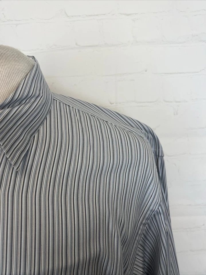 Camisa de vestir de algodón a rayas gris azul Canali para hombre L $215 Foto 2 de 4
