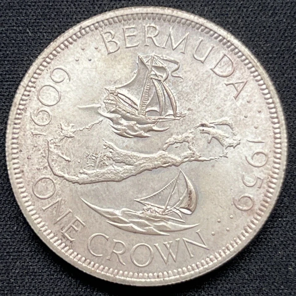 Moneda de 1 corona de plata de barcos grandes Isabel II colonia británica Bermuda 1959 Foto 2 de 2