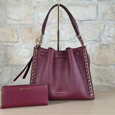 Michael Kors Mina Pebble Large Chain Shoulder Bag Dark Cherry/Wallet Option