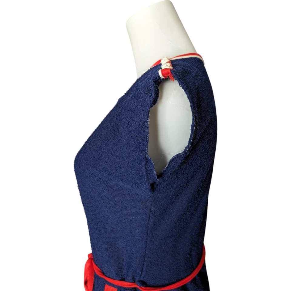 Vintage 70s Navy Blue Towelling Boat Neck Short Sleeve Knee Length Dress Size 14 - image 4 of 4