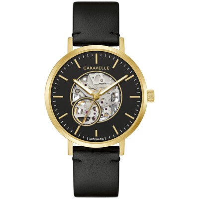 Caravelle Men's Dress Automatic Full Skeleton Black Leather Watch 40 MM 44A121