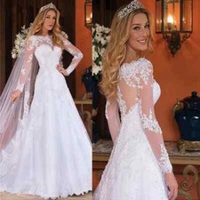 Elegant A-Line Wedding Dresses Scoop Neck Long Sleeved Lace Applique Bridal Gown