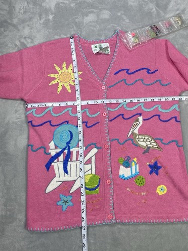 Vintage Quacker Factory Cardigan Sweater Womens M Pink Ocean Flamingo Beach Knit - Picture 9 of 10