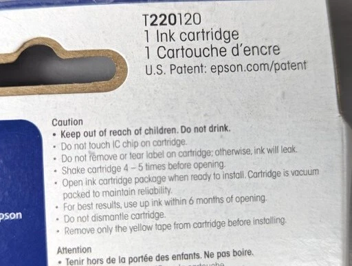 Nuevo cartucho de tinta negro Epson 220 C13T293120 T220120 caduca 05/2021 Foto 4 de 4