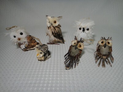 Realistic Owl Figures Ornament Lot of 6 Real Feathers Sticks Pine Cones Wood