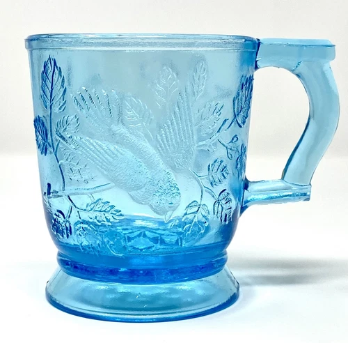 Vintage Mosser Glass Company Mug in Blue “Robin in a tree” 10oz 3.75"