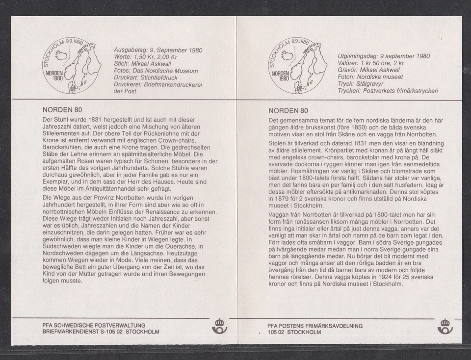 SUÉCIA 1980 CAPA PRIMEIRO DIA ARTE ANTIGA MARCENARIA NORDEN '80 + CARTÃO + CACHET - Imagem 2 de 3