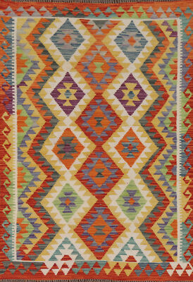 Colorful Kilim Rugs Rectangle Flatweave Pile Wool Kelim Carpets 4x6 ft