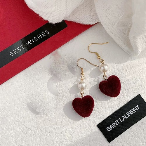 Velvet Romance Burgundy Heart Pearl Drop Earrings for a Sweet Yet Chic Look - Picture 4 of 4