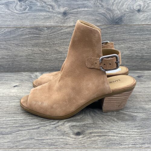 Lucky Brand Boho Sling Back Block Heel Bootie Shoes Women's Size 7 Tan Peep Toe - Picture 3 of 14