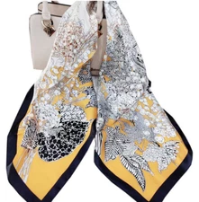 100% Silk 34“ large Square Scarf Women Shawl Wrap floral yellow gray