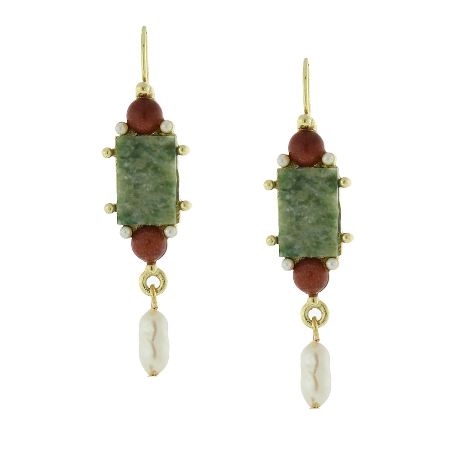 1928 Gold-Tone Aventurine Green Rectangle Drop Earrings, Semi-Precious Jewelry
