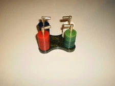 VTGE MAH JONG MAJONG SWIRLED GREEN CATALIN BAKELITE CHIP HOLDER COIN BANK w COIN