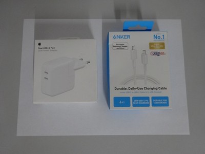 Original Apple 35W Dual USB-C Port Power Adapter + Anker Kabel 1,8m (60W) NEU