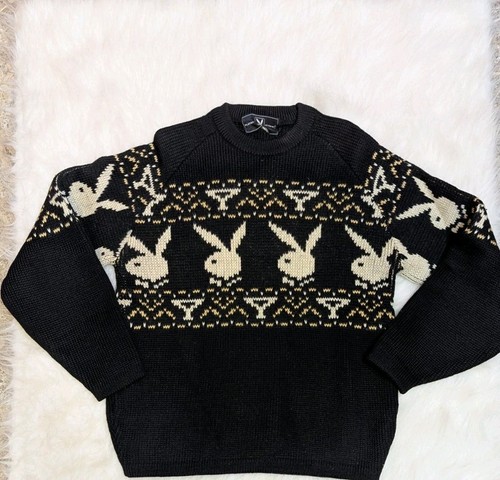 Vintage 50s Playboy All Wool Knit Fair Isle Style Black Bunny Sweater S Playmate - Picture 12 of 12