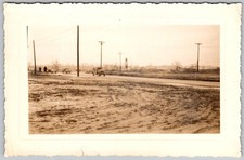 Vtg B&W Snapshot Vintage Car On Dirt Road Rural Landscape Utility Poles 1942