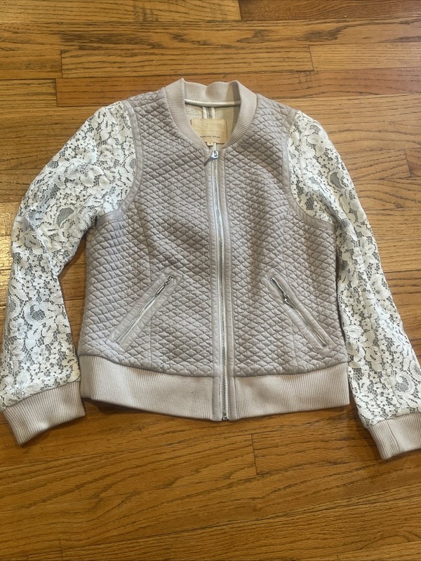 Rebecca Taylor Mixed Media Lace Sleeve Overlay Sweatshirt Sz 4 Beige Zip Up