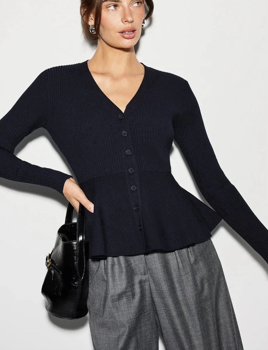 Rebecca Taylor Wool Blend Navy Ribbed Long Sleeve Peplum Cardi Sweater Sz Small