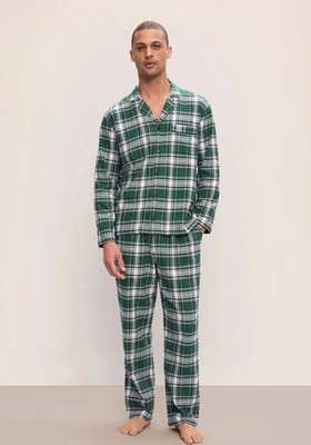 Eberjey Men's Flannel Long Sleeve PJ Set 100% Cotton Pajama Size M Green Plaid
