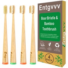 Boar Bristle Toothbrush, Non Plastic Wooden Toothbrushes, 4 Pack Plastic Natu...
