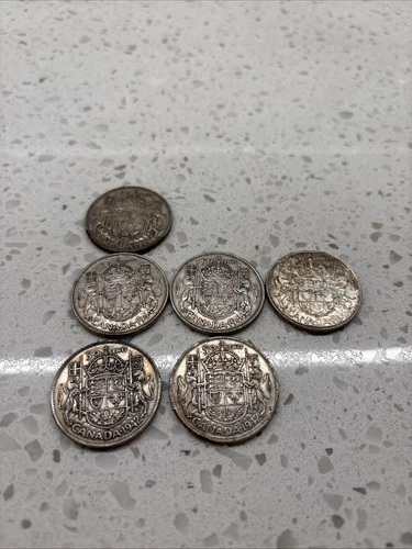 2x 1942, 3x 1944, 1x 1949 Canada Half Dollars - VF to UNC Condition 80% Silver