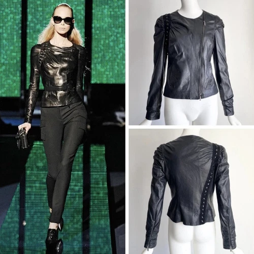 Giacca asimmetrica Versace A I 2009 Runway pelle nera strass borchie