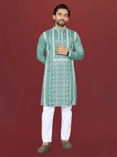 Mens mint-teal Green Outfit Kurta Soft Silk Raymond Cotton Traditional Wear