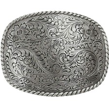 Western Antique Floral Engraved Rope Edge Belt Buckle  Fits 1.5" Belts, Silv...