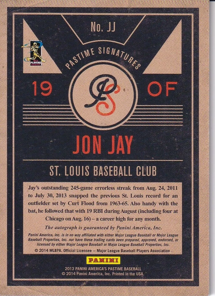 2013 Panini America's Jon Jay Auto Pastime Signatures 29/125 Cincinnati Reds - Image 2 of 2