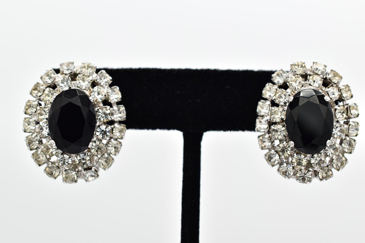 Vintage Pearl Crystal Clip On Earrings Black Rhinestone Silver Chunky 1980s 9M Vintage Pearl Crystal Clip On Earrings Black Rhinestone Silver Chunky 1980s 9M