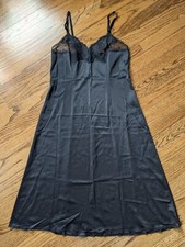 VINTAGE JCPENNEY SILKY BLACK Nylon  Lace LINGERIE FULL SLIP DRESS sz 34 ANTRON