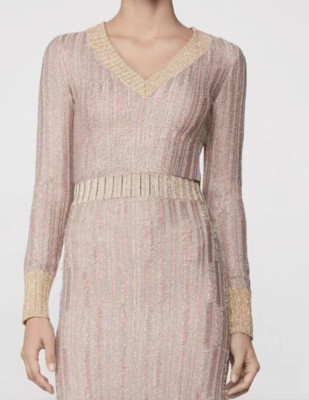 NWD Herve Leger Fluted Metallic Ribbed-knit Long Sleeve Top