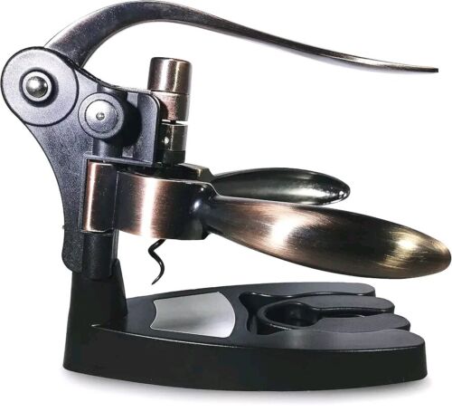 Wine Bottle Corkscrew Ergonomic Handle +Spare Coil, Foil Remover, & Stand BRONZE