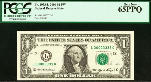2001 $1 Federal Reserve Note PCGS 65PPQ Four Fancy Same Serial Number 30003333 - Picture 6 of 9