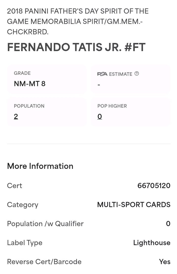 FERNANDO TATIS JR ROOKIE RC 2018 Panini Fathers Day SOG  /10 PSA 8 *POP 2* 👀🤯✅ view 5