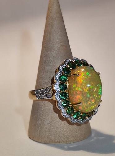 Anillo de ópalo talla 59 7,5 quilates diamantes 0,33 quilates diopsido 1,5 quilates 585 = 14 quilates oro amarillo - Imagen 10 de 18