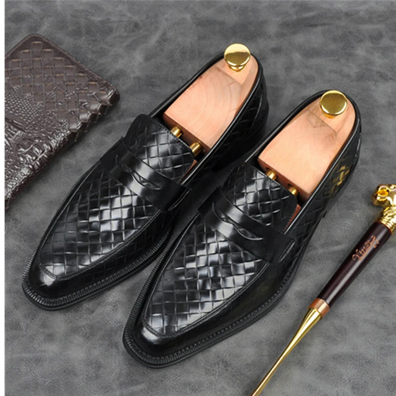 Mens Weave Pattern Pointy Toe Loafers Leather Business Casual
