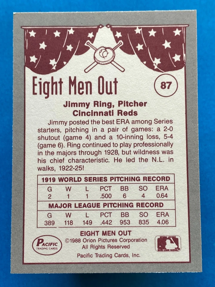 1988 Pacific Eight Men Out #87 Jimmy Ring - Image 2 of 2