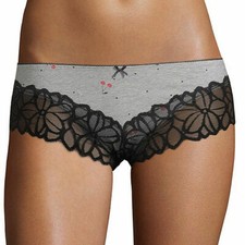 Flirtitude Women's Cheeky Panties SMALL Gray Cherries W Black Lace Hot Hot