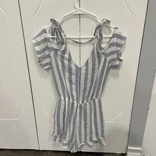 American Eagle Outfitters Blue and White Striped Cold Shoulder Romper Size M