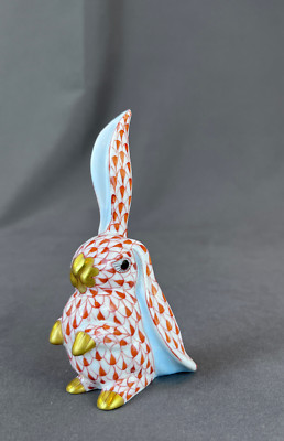Herend BUNNY RABBIT ONE EAR UP Rust Orange Fishnet 4  Porcelain Figurine: MINT